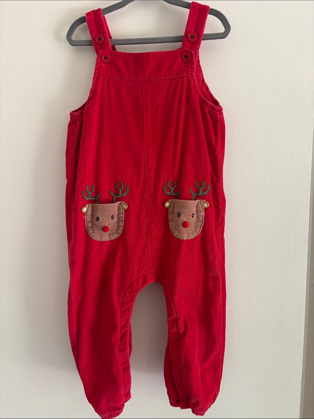 Mini Boden Red Corduroy Reindeer Pocket Overalls